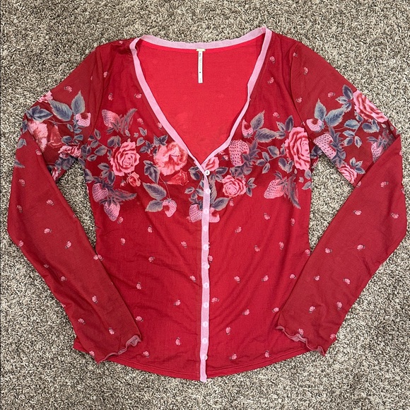 FREE PEOPLE Home Grown Floral Majenta Combo Button-Up Women's Mesh Cardigan - Picture 5 of 6